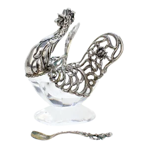 Signed Antique 835 Silver & Crystal Figural Rooster Salt Cellar by August Betz