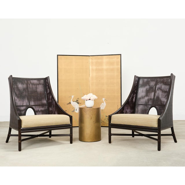 Stunning Japanese Showa period two-panel folding byobu screen depicting three egrets in the grass at a pond. The large...