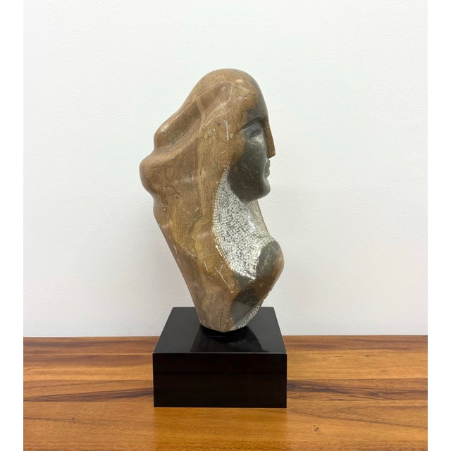 Mid 20th Century Vintage Hand Carved Abstract Figurative Stone Bust on Black Plinth For Sale - Image 5 of 7