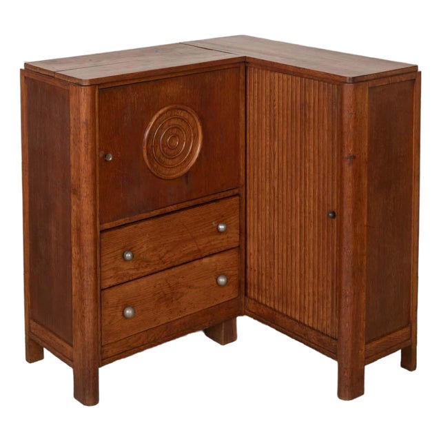 1940s French Carved Wood Corner Cabinet by Charles Dudouyt, Attributed For Sale