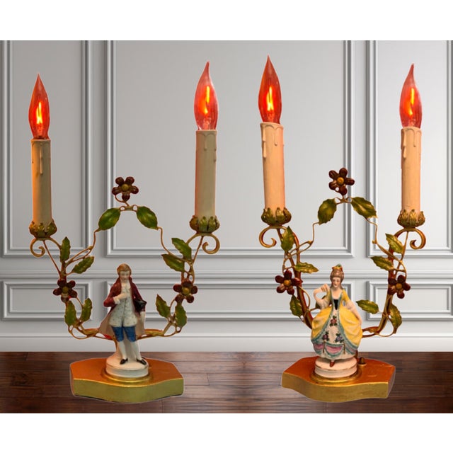 Limoges, France Antique Tole Candelabra Table Lamp: Courting Lady & Gentleman For Sale - Image 4 of 12