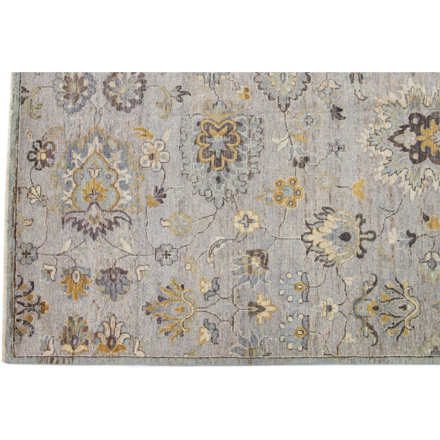 2010s Floral Modern Tabriz Handmade Indian Wool Rug in Gray by Apadana For Sale - Image 4 of 7