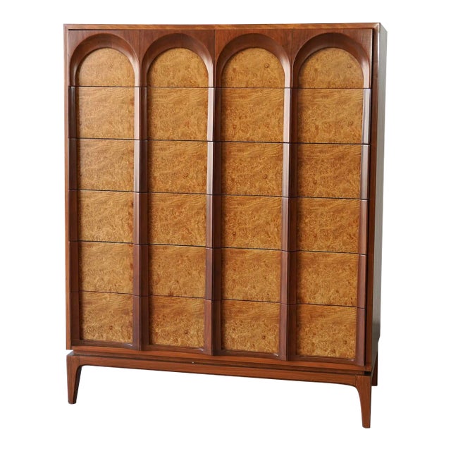 1960s Mid Century Thomasville Sculptural Tall Dresser Walnut & Olive Burl For Sale