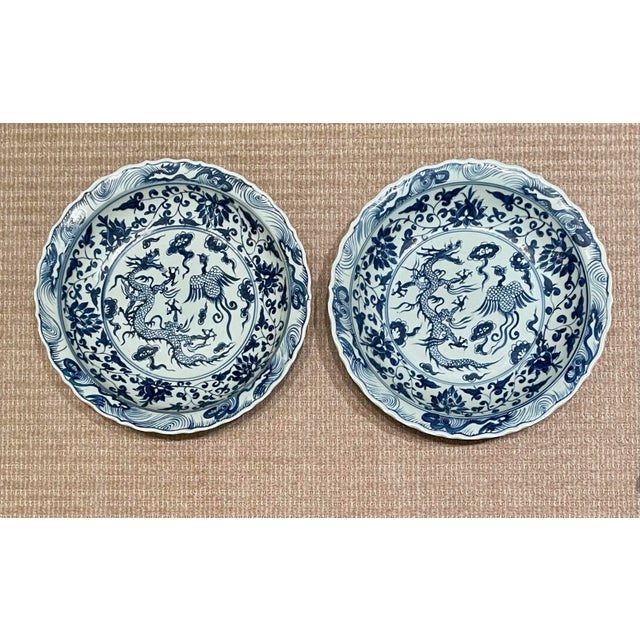 Pair of Oversized Chinese Blue & White Porcelain Charger Plates With Dragon & Phoenix Motif – 17.4” For Sale In Salt Lake City - Image 6 of 12