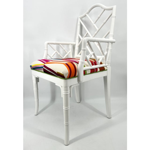 Wood Faux Bamboo Chippendale Style White Pierre Frey Carriacou Chair Pair For Sale - Image 7 of 10