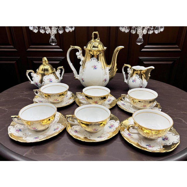German Gilded Porcelain Service with Floral Motifs for 6, 1960s, Set of 15 For Sale - Image 9 of 12