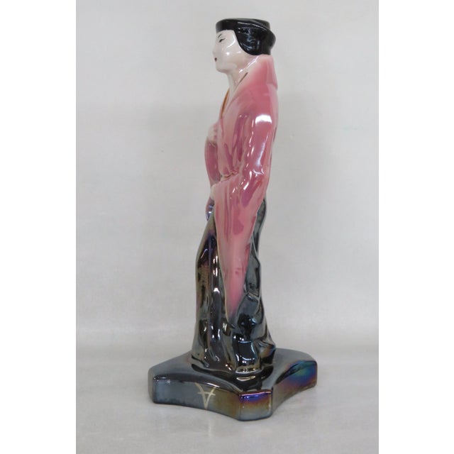 Japanese Lusterware Iridescent Pink and Black Man in Kimono Figurine For Sale - Image 4 of 12