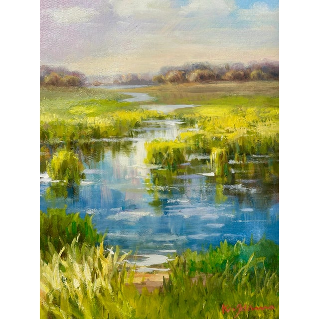 Capture the quiet beauty of the coastal marsh landscape with this original oil painting by K. Hanna, a serene study...
