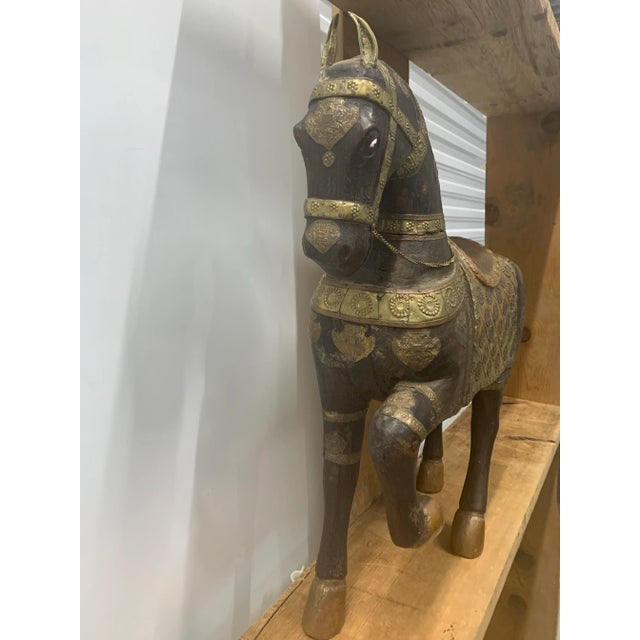 Large Antique Copper & Brass Clad Carved Wooden Horse For Sale - Image 9 of 10