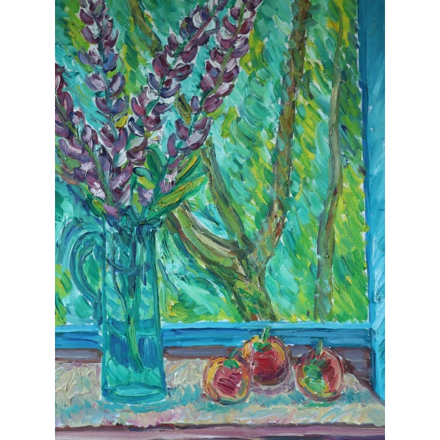 Mid-Century Modern 'Lavender & Fruit' Original Swedish Expressive Interior Still Life Oil Painting, Framed For Sale - Image 11 of 12