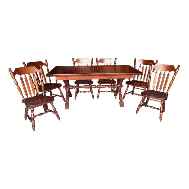 1970s Trestle Table / X Brace Legs With 6 Matching Original Chairs. A True Classic. For Sale