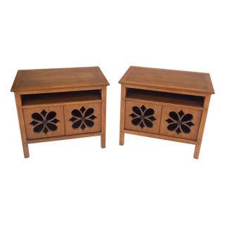 Pair Double Door Pierced Carved Doors Compartment Night Stands End Tables Mint For Sale
