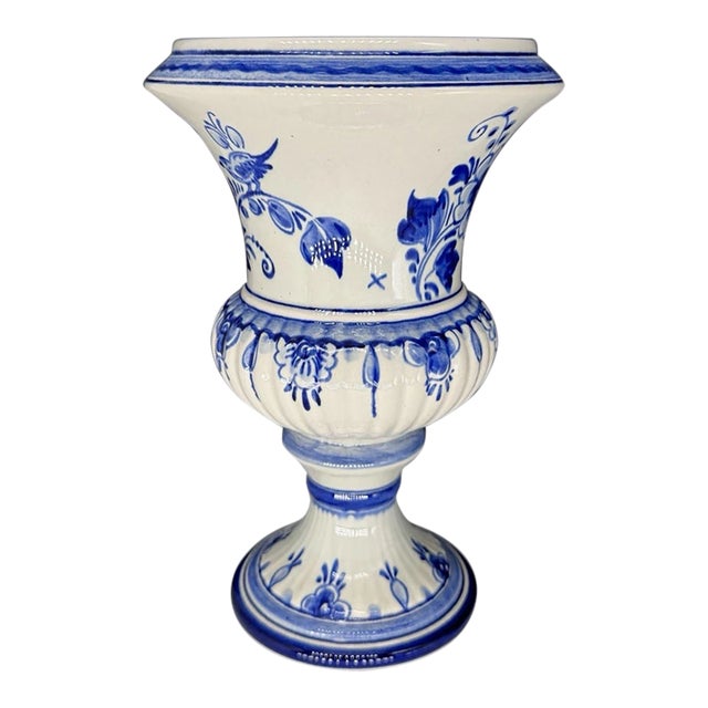 Vintage MCM Petite Dutch Delft Blue & White Floral Urn Vase For Sale
