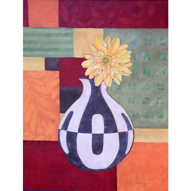 Abstract Floral painting with geometric vase by Stephanie Marrott (American, 20th Century). Original acrylic on artists...