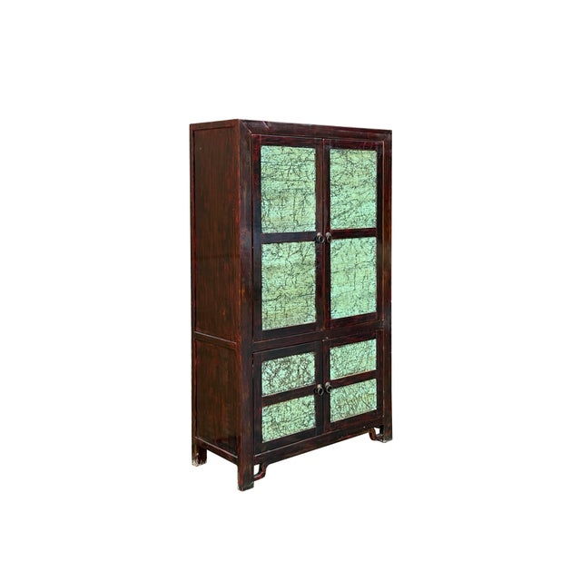 Chinese Chinese Distressed Turquoise Brown Large Armoire Wardrobe Cabinet For Sale - Image 3 of 15