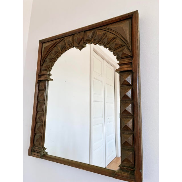 Brown Antique Spanish Revival Oak Wall Mirror With Geometric Carving For Sale - Image 8 of 11