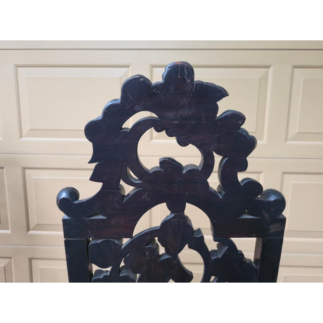Pair of High Back 49" Side Chairs in Black Walnut Heavily Carved Black Forest Rococo Renaissance Revival For Sale - Image 14 of 17