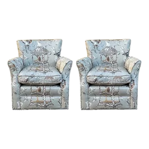 1940s French Children‚Äôs Wingback Chairs With Down Cushions in Cat & Birdcage Toile / Chintz - Pair
