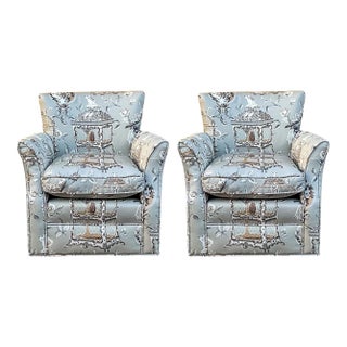 1940s French Children’s Wingback Chairs With Down Cushions in Cat & Birdcage Toile / Chintz - Pair For Sale