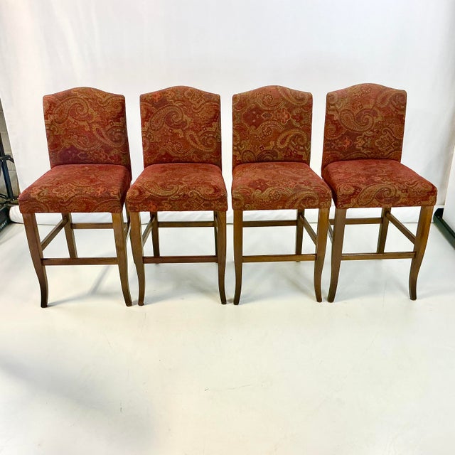 1980s Vintage Rustic European Italian Boho Chic Upholstered Bar Stools - Set of 4. For Sale - Image 4 of 14