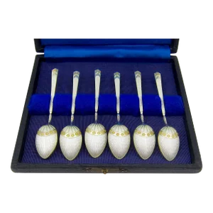 Art Deco Sterling Silver Enamel Spoon Set From Henry James Hulbert