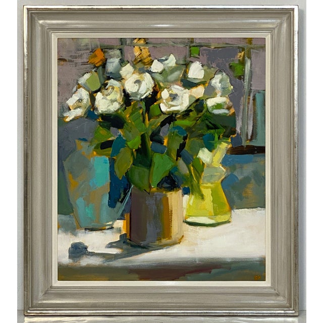 A fine contemporary British oil painting on canvas of white roses in a mustard pot displaying a masterful use of color,...