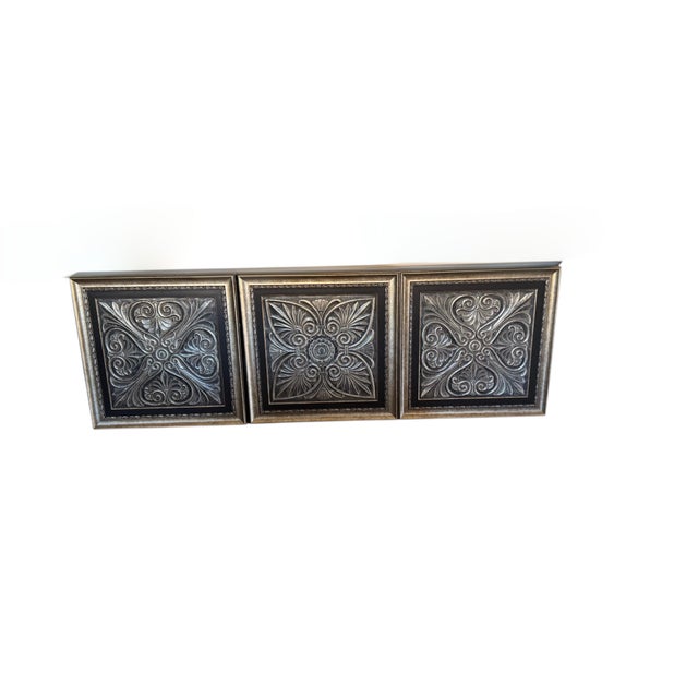 Set of 3 Oversized 33” Black & Antique Gold Architectural Relief Wall Panels For Sale - Image 4 of 11