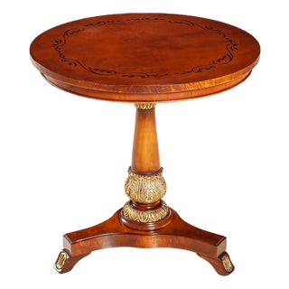 Italian Handcrafted Inlaid Wood Round Accent Table with Gilt Pedestal Base For Sale