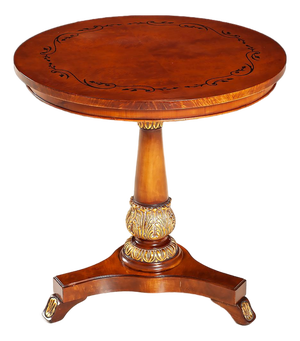 Italian Handcrafted Inlaid Wood Round Accent Table with Gilt Pedestal Base
