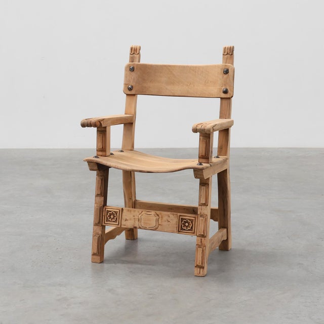 Brutalist Armchair with Carved Rosettes and Nailed Wooden Seat, Spain, 1950s For Sale - Image 16 of 16