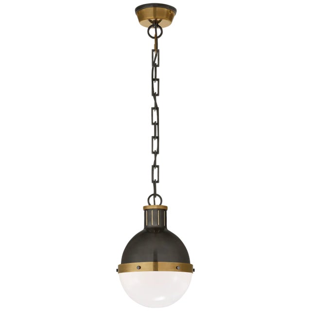 Hicks Small Pendant in Bronze and Hand-Rubbed Antique Brass with White Glass Designer: Thomas O'Brien Canopy: 4.75" Round...