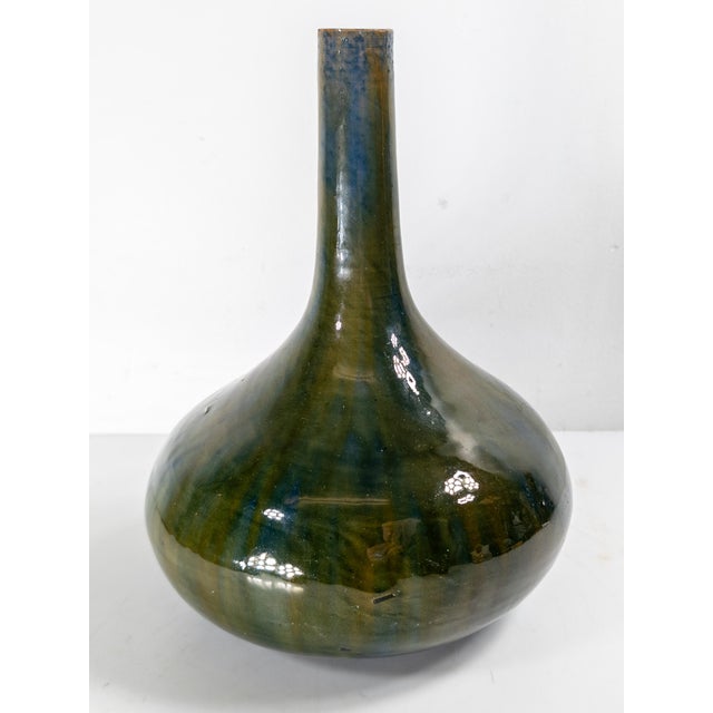 19th Century German or Austrian Olive Green Glazed Majolica Bottle Vase For Sale - Image 4 of 12