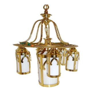 Chandelier Antique Brass and Glass For Sale