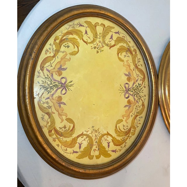 Victorian Pair of 2 Large Vintage Oval Original Hand Painted Oil Painting Cherub Frescos For Sale - Image 3 of 15