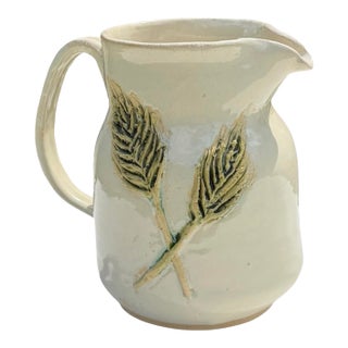 Vintage 1994 Handcrafted Ceramic Pitcher With Sculptural Leaf Motif For Sale