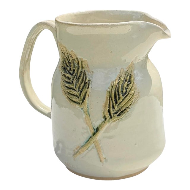 Vintage 1994 Handcrafted Ceramic Pitcher With Sculptural Leaf Motif For Sale