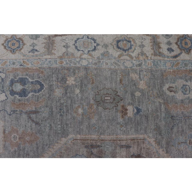 Turkish Modern Oushak Rug in Medallion Design in Gray-Blue and Marigold For Sale - Image 4 of 11