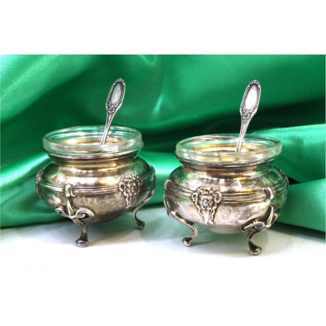 Silver Salt and Pepper Shakers Glass Cores and Embossed Spoons, Set of 4 For Sale - Image 3 of 7