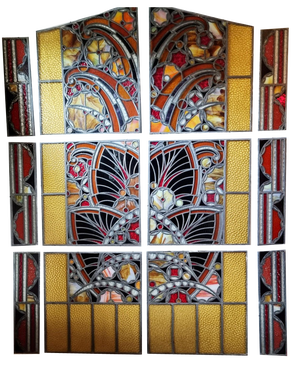 Large Art Deco Architectural Stained Glass Window Panels, 1920s, Set of 12