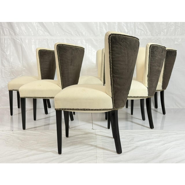 Brown Set of 6 Mid-Century Tuxedo Dining Chairs, Ebonized Wood, Brass Nailheads For Sale - Image 8 of 18