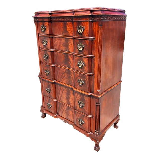 Antique Georgian Flame Mahogany Block Front Highboy Dresser For Sale