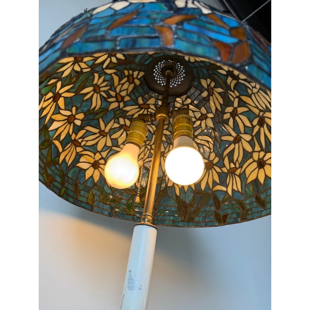Vintage Adjustable Ratchet Wood Floor Lamp With Tiffany-Style Stained Glass Shade For Sale - Image 10 of 12