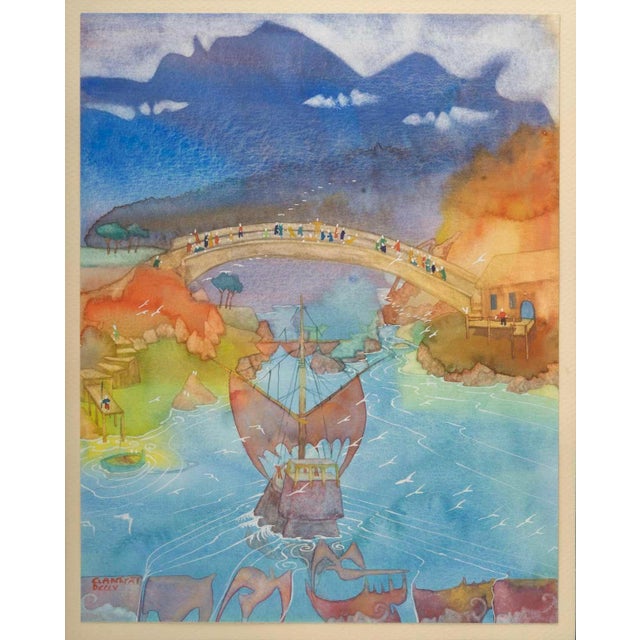 Framed watercolour coaster representing a view of asia by patrick gannat. Watercolour representing a view of asia framed...