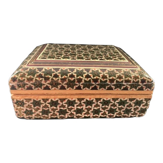 Persian Geometric Inlay Khatamkari Wood Trinket Box Lidded Rectangle For Sale