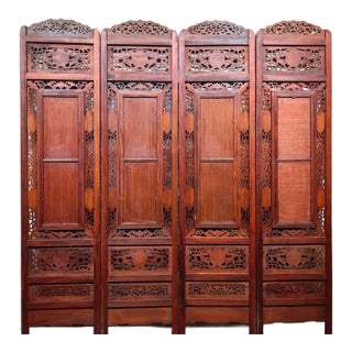 Vintage Chinese Rosewood & Blue-and-White Porcelain Four-Panel Floor Screen For Sale