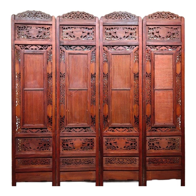Vintage Chinese Rosewood & Blue-and-White Porcelain Four-Panel Floor Screen For Sale