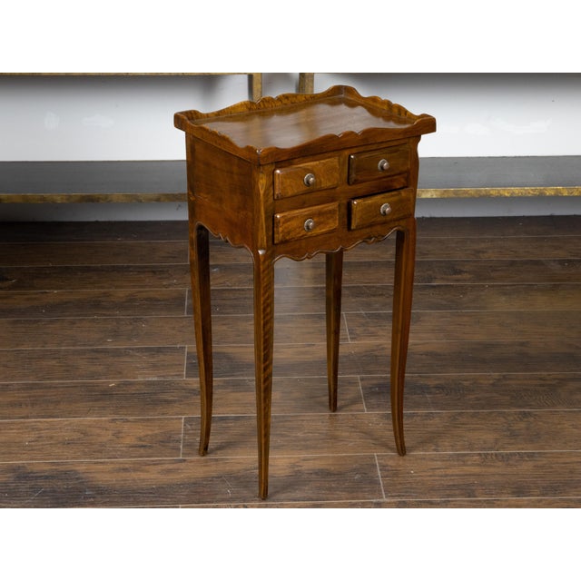 Brown French Turn of the Century Walnut Side Table with Carved Tray Top and Drawers For Sale - Image 8 of 12