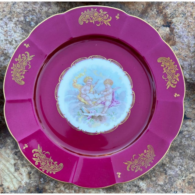 Vintage Set of 12 French Hand Painted Cherubs Gold Gilt Red Porcelain Dinner Plates For Sale - Image 4 of 12