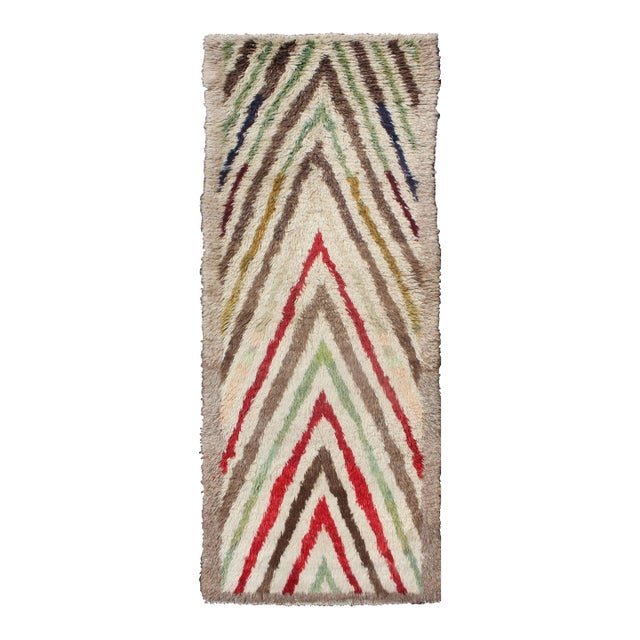 Mid 20th Century Vintage Turkish Tulu Runner With Tribal Design in Cream, Green, Red and Brown For Sale