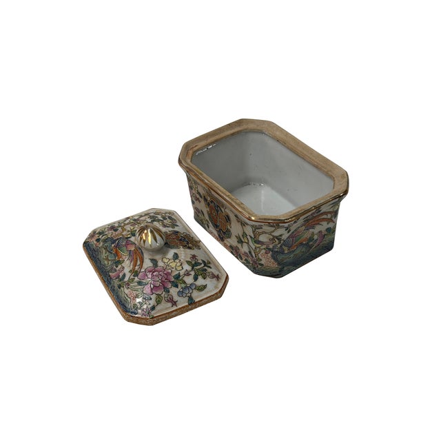 Rose Vintage Famille Rose Enamel Flower Bird Rectangular Porcelain Box For Sale - Image 8 of 13